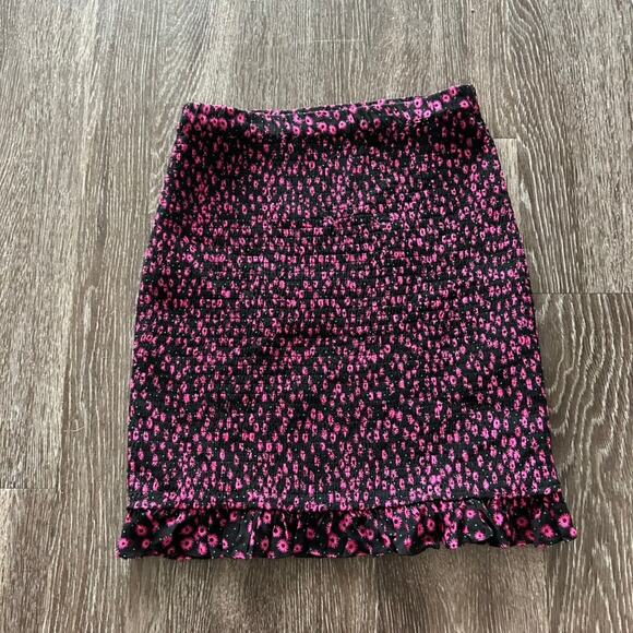 The Kooples Ditsy Flower Black Pink Floral Smocked Mini Skirt Size 1 Ruffle Hem - Picture 3 of 16